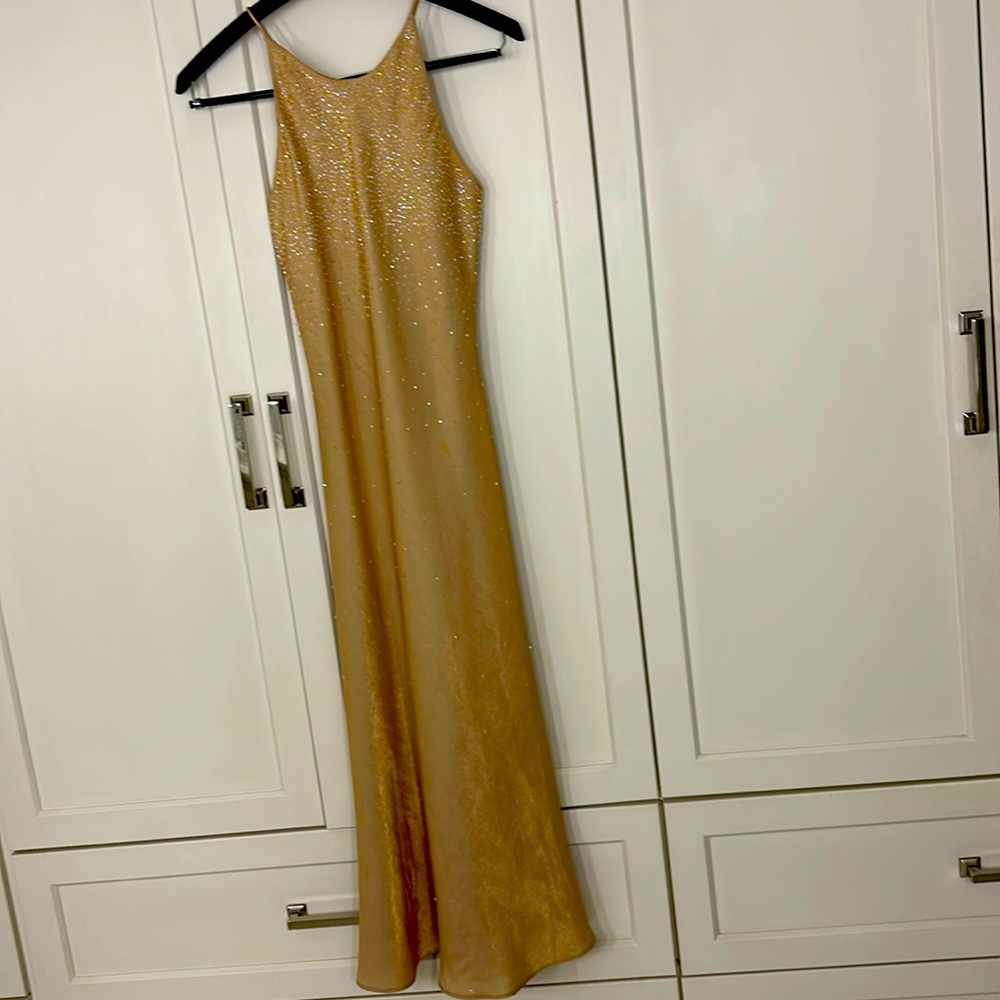 Gorgeous Gold shimmering dress beaded with spaghetti straps size 6